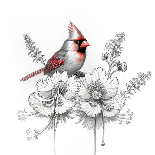 A Cardinal With Larkspur And Mums