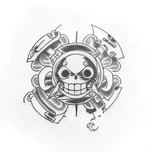 One Piece Tattoo That Includes Rock Music And Everything Is In Those Rounded Nature Views Images