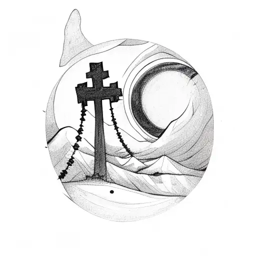 Moon And Three Crosses On A Hill