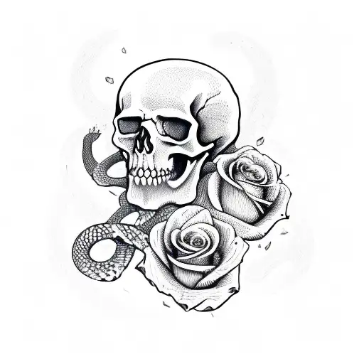 Skull With Roses With Snake Going Through Skull