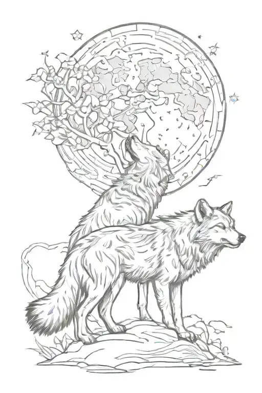 Wolf And Cub Howling Moon