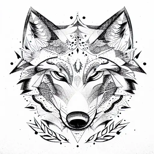 Fine Line Wolf With Decorations Around It
