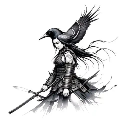 Women's Tattoo Of Samurai Warrior With Crow