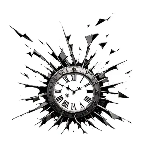 Broken Shattered Clock With Roman Numerals And Pieces Flying Off Of It