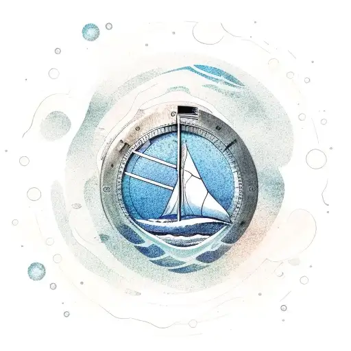 Little Sailboat In Waves With Compass In The Background With A Splash Of Water Color