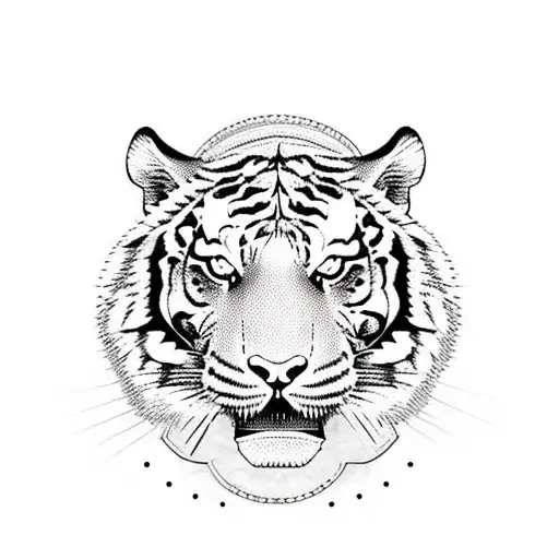 Tiger Head With Clock And Roses