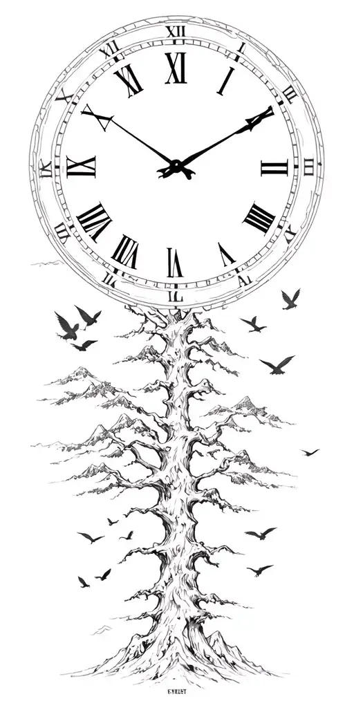 Moutains Tree Clock Birds Flying