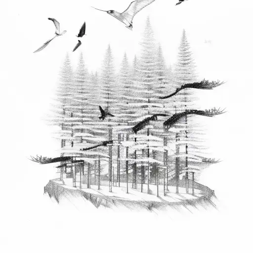 Line Of Pine Trees With Birds Flying Away