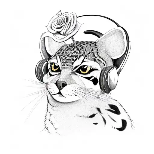 A Margay Wearing Headphones And Carrying A Rose