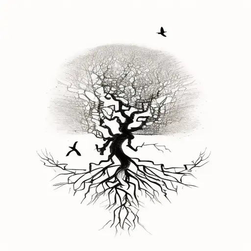 Tree With Roots And 3 Birds