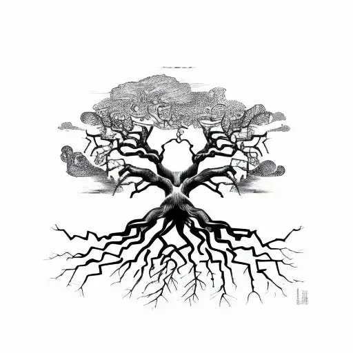 Tree With Roots And 3 Birds