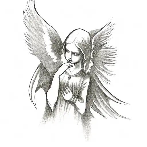 Goth Angel Statue From The Side With A Flower In Hand