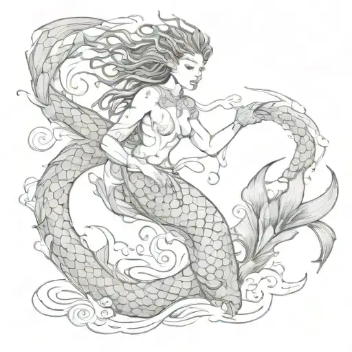 Chinese Dragon Wrapped Around A Mermaid Swimming