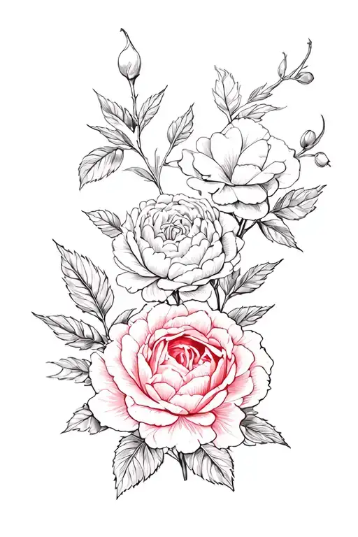 Cherry Flower With Peonies And Red Rose Flowers