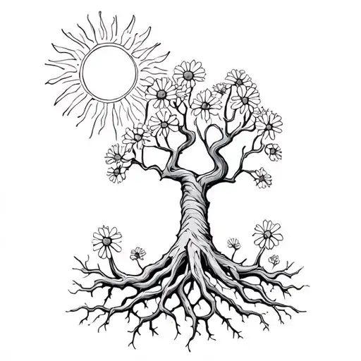 Willow Tree With Roots And Daisys On The Roots With A Sun Behind It