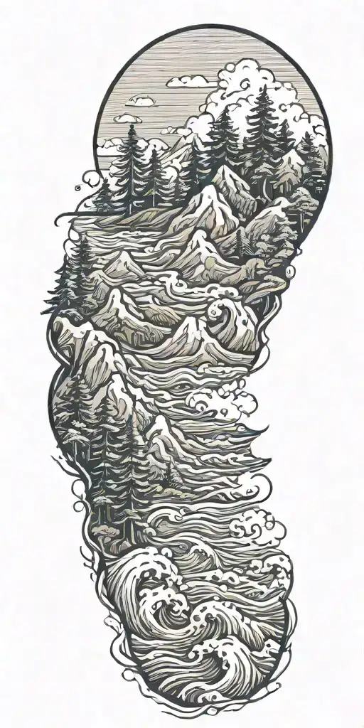 Mountain Landscape With Trees And Ocean Waves Crashing