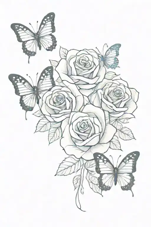 A Circus Rose Surrounded By Three Butterflies Sm Vertical Tatoo