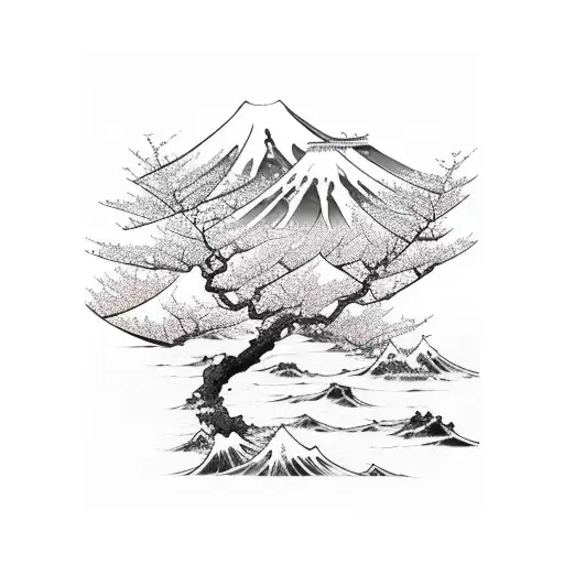 Japanese Waves And Cherry Blossoms In Color