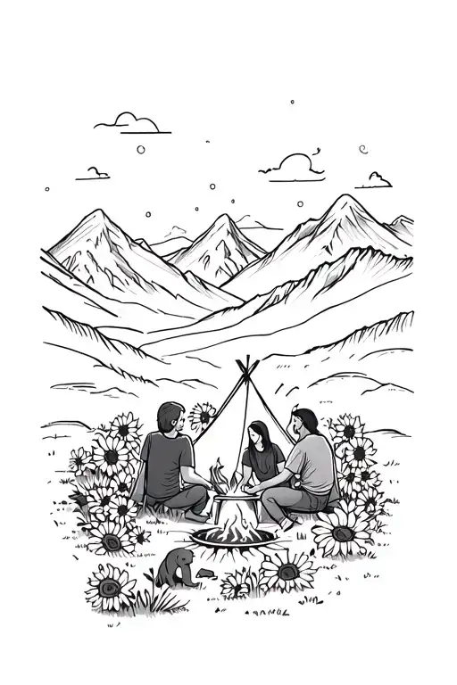 Family Sitting Around A Campfire With A Dog Next To Tent In The Mountains With Sunflowers At Night