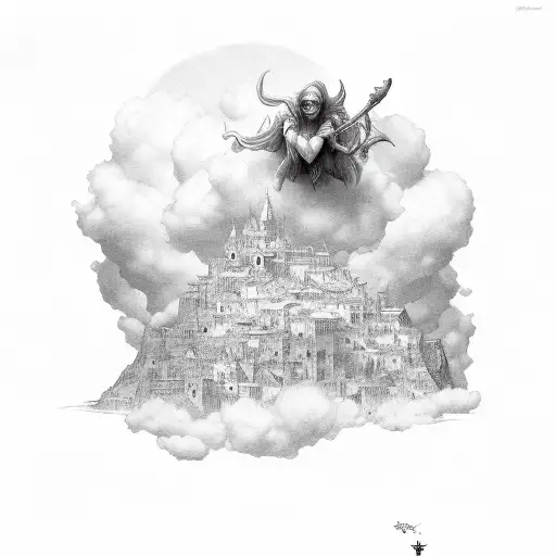 An Angle And A Demon Sourrounded By Clouds