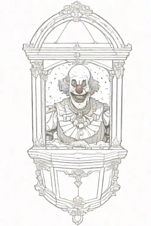Clown Peaking Out Of A Casket In A Church With Snow Through Windows