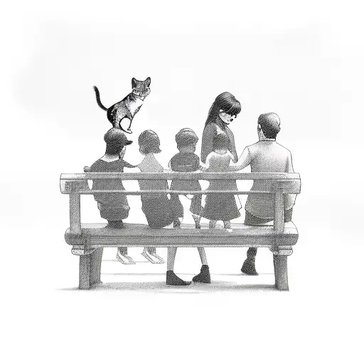 Family Of 5 Sitting On A Bench 2 Women 3 Men With A Dog And A Cat Near