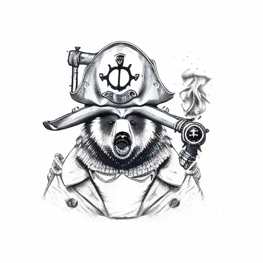 Grizzly Bear Smoking A Pipe Dressed Like A Pirate Steering A Pirate Ship