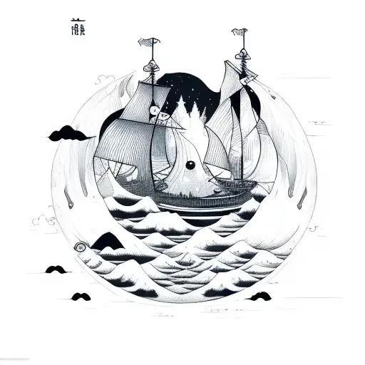 Yin Yang Pirate Ship Ocean Waves Mountain