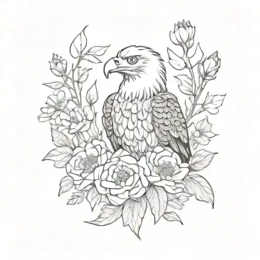 Bald Eagle With Marigolds Morning Glory's Cosmos