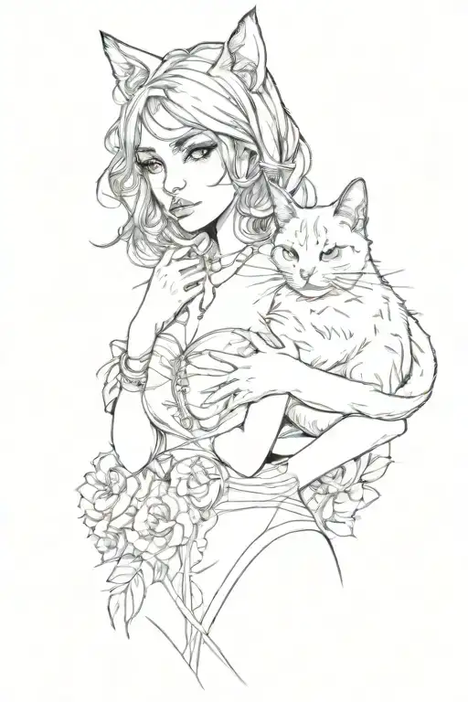 I Want A Black And White Tattoo Design With A Beautiful And Chubby Sexy Girl And A Cat In Her Hands