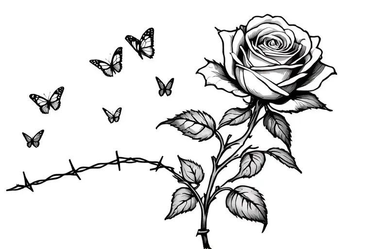 A Rose With Barbed Wired Around It And Small Butterflies Flying Towards It
