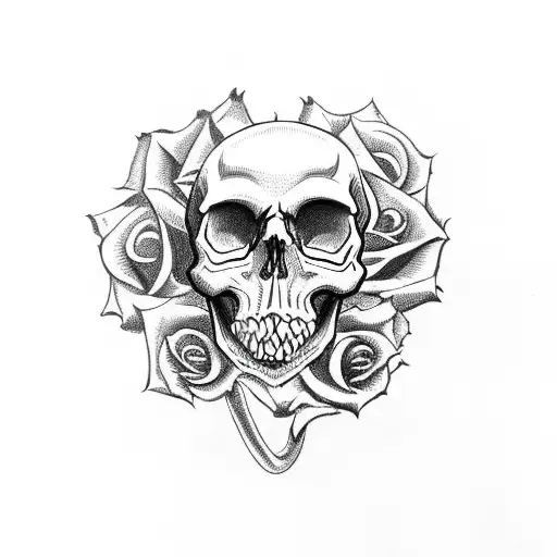 Skull With Snake Coming Out Of Eye And Roses