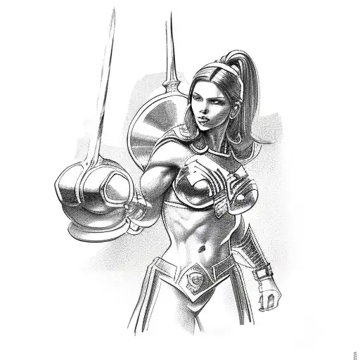 Male Gladiator Posing As Justice Woman Holding An Apple And A Dumbell In Hands