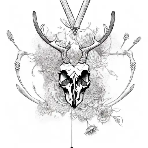Reindeer Skull With Flowers Inside And A Arrow Trespassing It