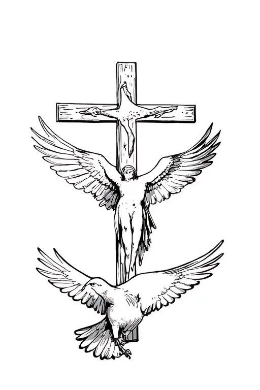 A Christian Cross In Straight Line And In Front Of A Dove Which Has Its Wings Deployed