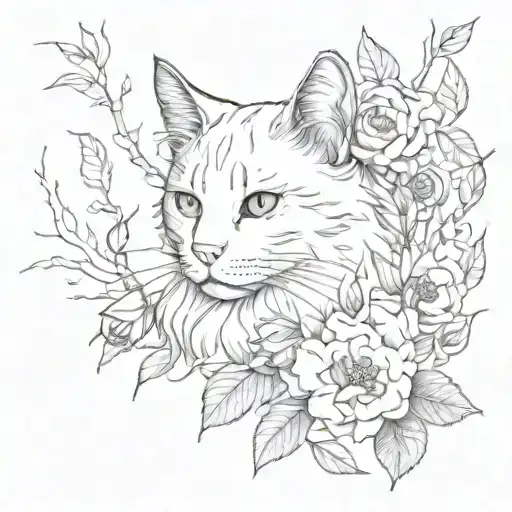Cat And Flowers And Branches