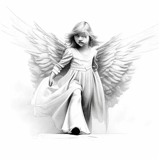 Angel In Background A Men Climbing Some Stairs And 2 Child Criyng