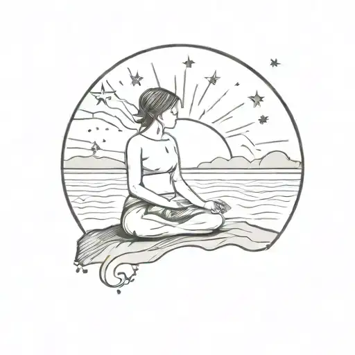 A Sketch Style Tattoo Of A Person Meditating On A Beach With The Sea And Stars In The Background