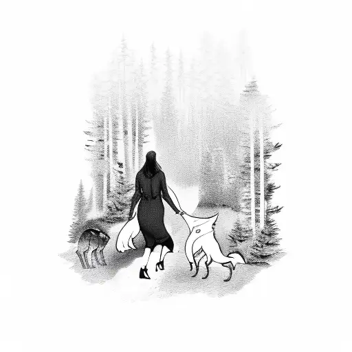 Woman Holding Baby Walking In A Forest With Wolfs Howling