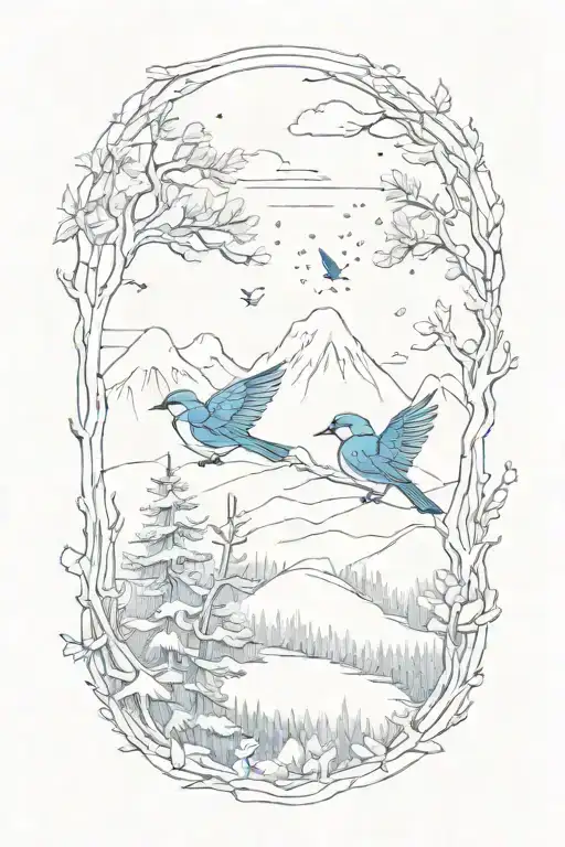 White Pine Trees With Mountain Blue Birds With Night Sky In The Badkgrou