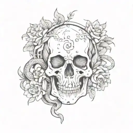 A Skull With Flowers Surrounding With A Snake Going Through It