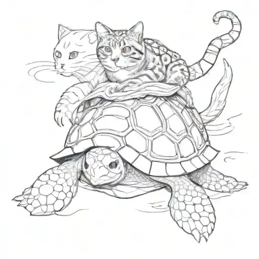 Cat Riding On Turtle Swimming