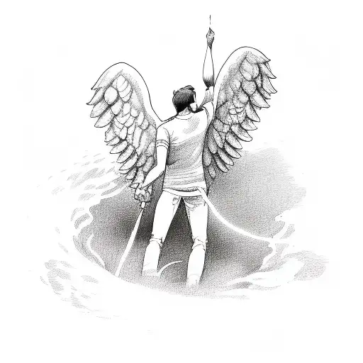 Male Angel Hold Hand Out To Pull A Woman Off Ground