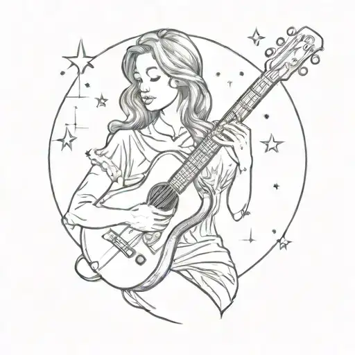 A Sketch Tattoo Of A Mother Holding A Guitar With The Gemini Constellation In The Background