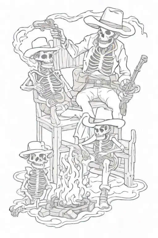 Skeleton Cowboy Sitting By Fire With Two Skeleton Children