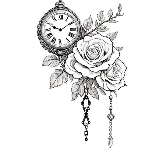 A Tattoo Of A Clock And Roses And A Rosary Wrapped