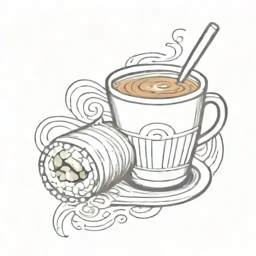 A Sketch Style Tattoo Of A Coffee Cup And Sushi Roll Forming A Music Note