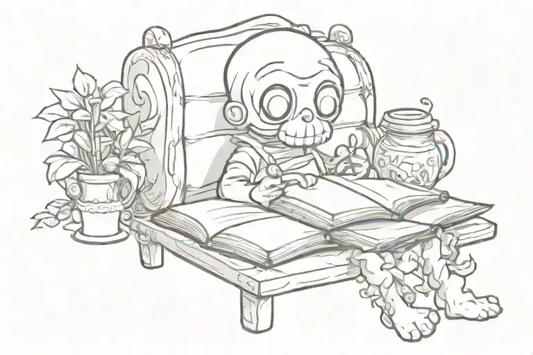 A Sketch Tattoo Of A Character From Binding Of Isaac Reading A Book From Stardew Valley