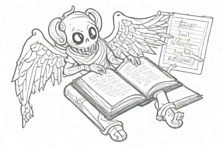 A Sketch Tattoo Of Azazel From Binding Of Isaac Reading A Book From Stardew Valley
