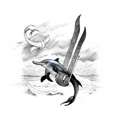 Medieval Dolphin And Violin With Sword Going Through It